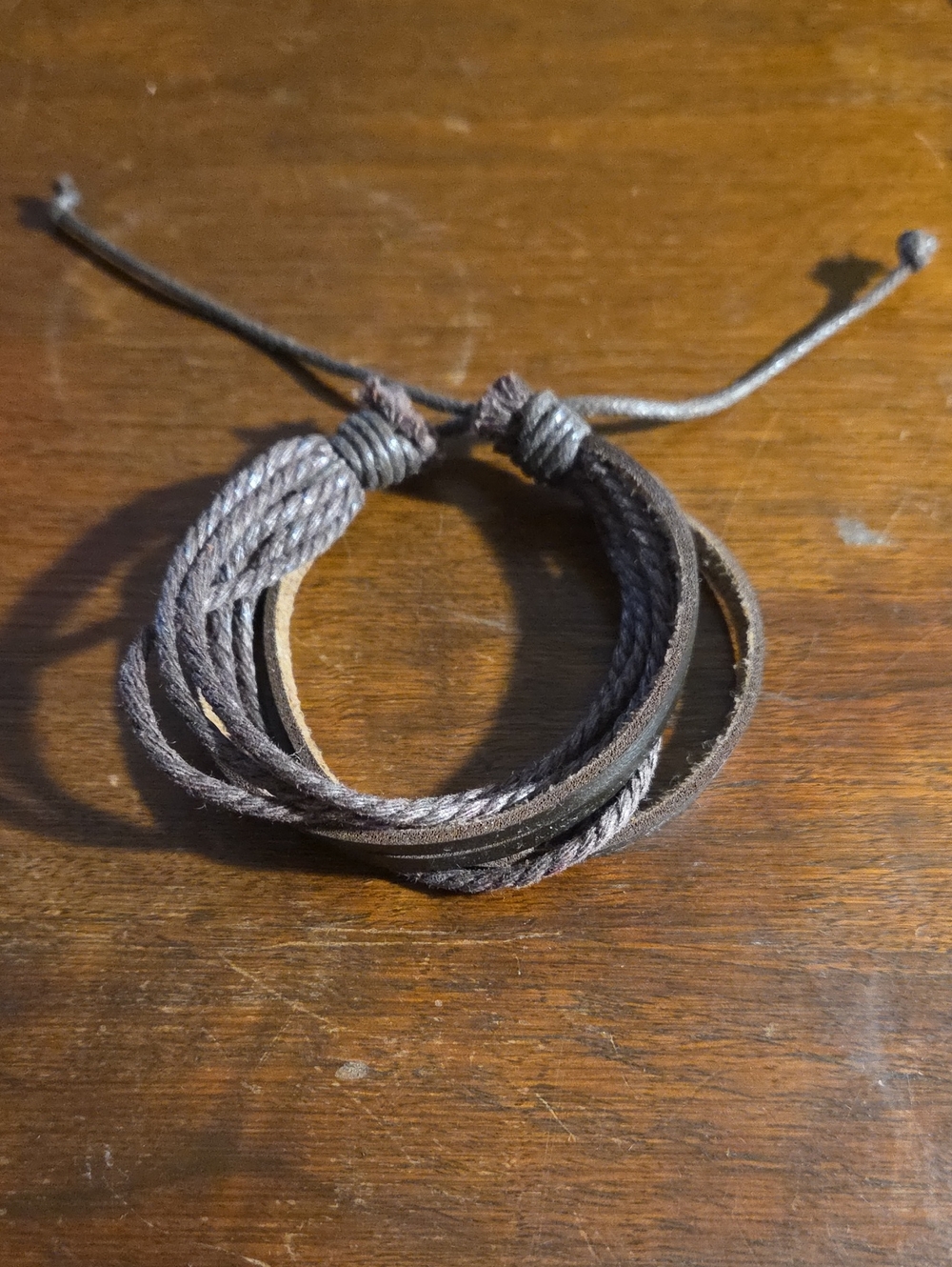 Brown Pleather and Cord Bracelet - 5 Braided Cords and 3 Pleather Strips